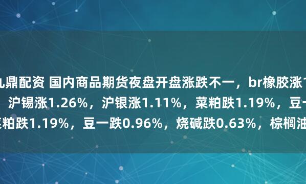 九鼎配资 国内商品期货夜盘开盘涨跌不一，br橡胶涨1.51%，pvc涨1.32%，沪锡涨1.26%，沪银涨1.11%，菜粕跌1.19%，豆一跌0.96%，烧碱跌0.63%，棕榈油跌0.59%